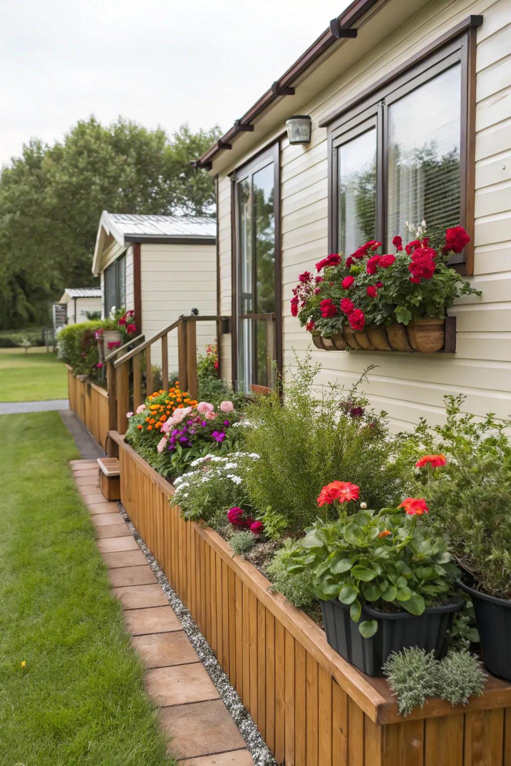 Wood skirting with integrated planters brings the beauty of nature to your doorstep.