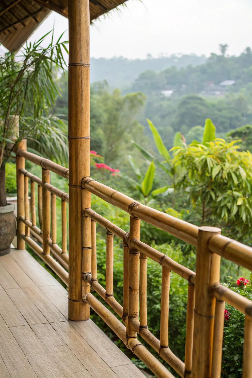 Eco-friendly bamboo balcony borders with lush greenery in the background