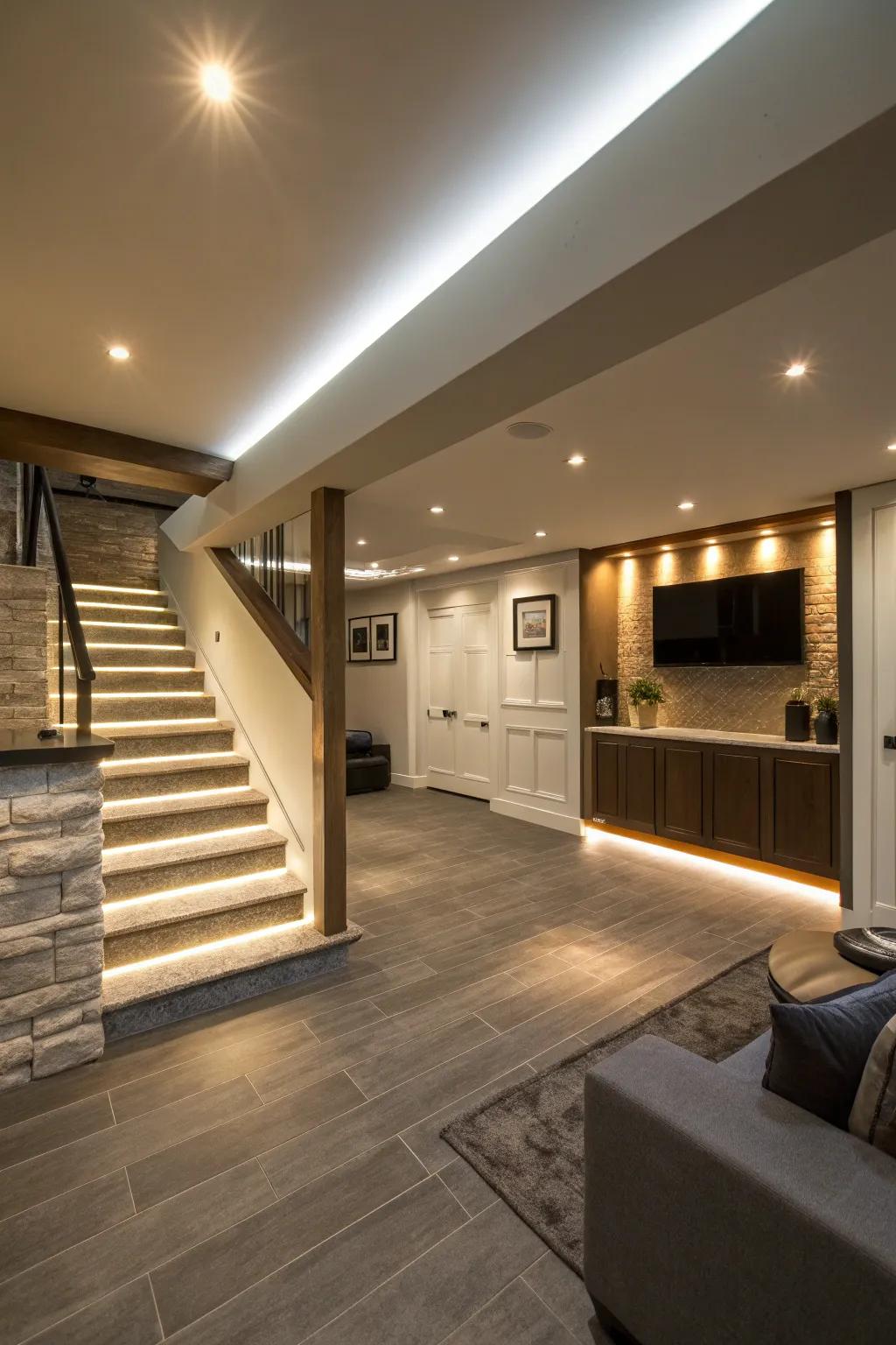 Layered illumination fashions a balanced and inviting basement ambiance.