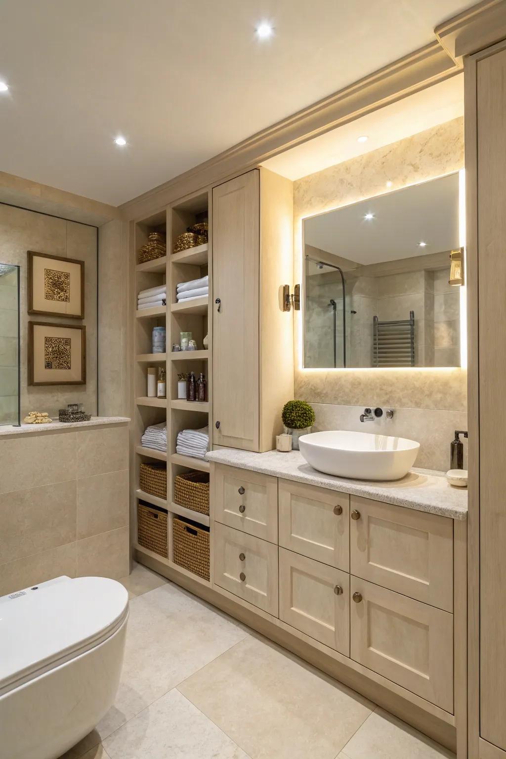 Integrated storage sustains a tidy, elegant bathroom.