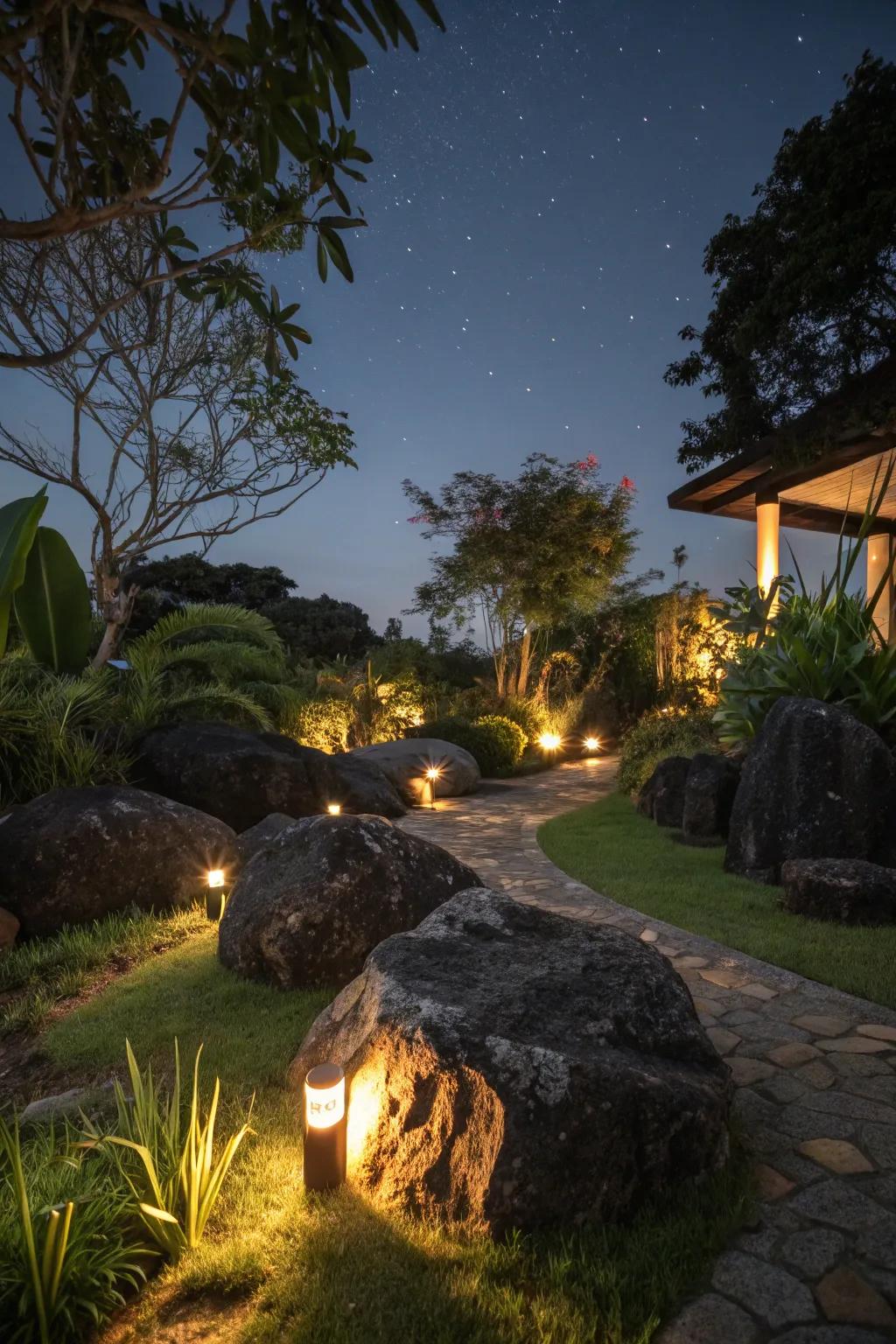 Outdoor lights generating a theatrical display with dark stones.