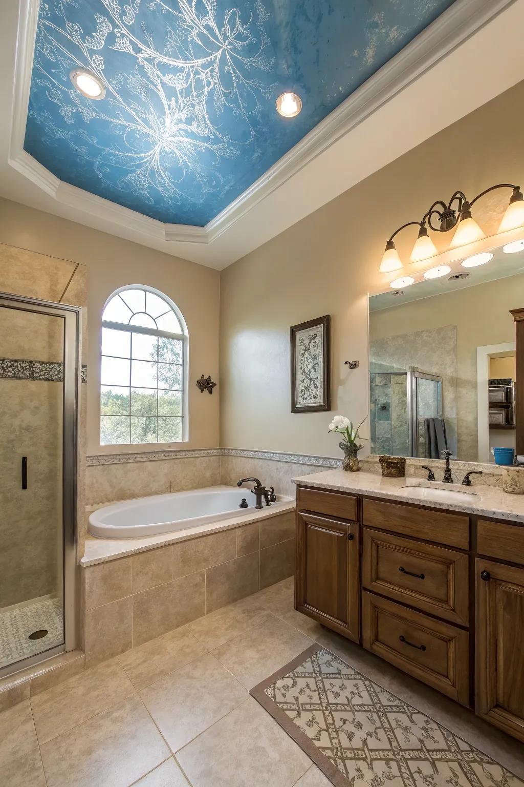A gentle azure over-head crafts an airy and serene atmosphere in this tranquil washroom.