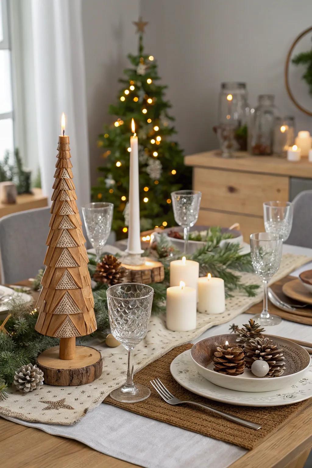 A contemporary table arrangement uniting glass and timber for visual intrigue.