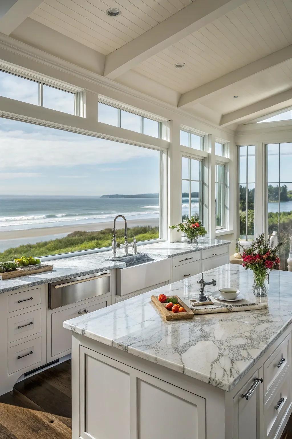 An exposed kitchen blueprint that flows seamlessly into the feasting area.