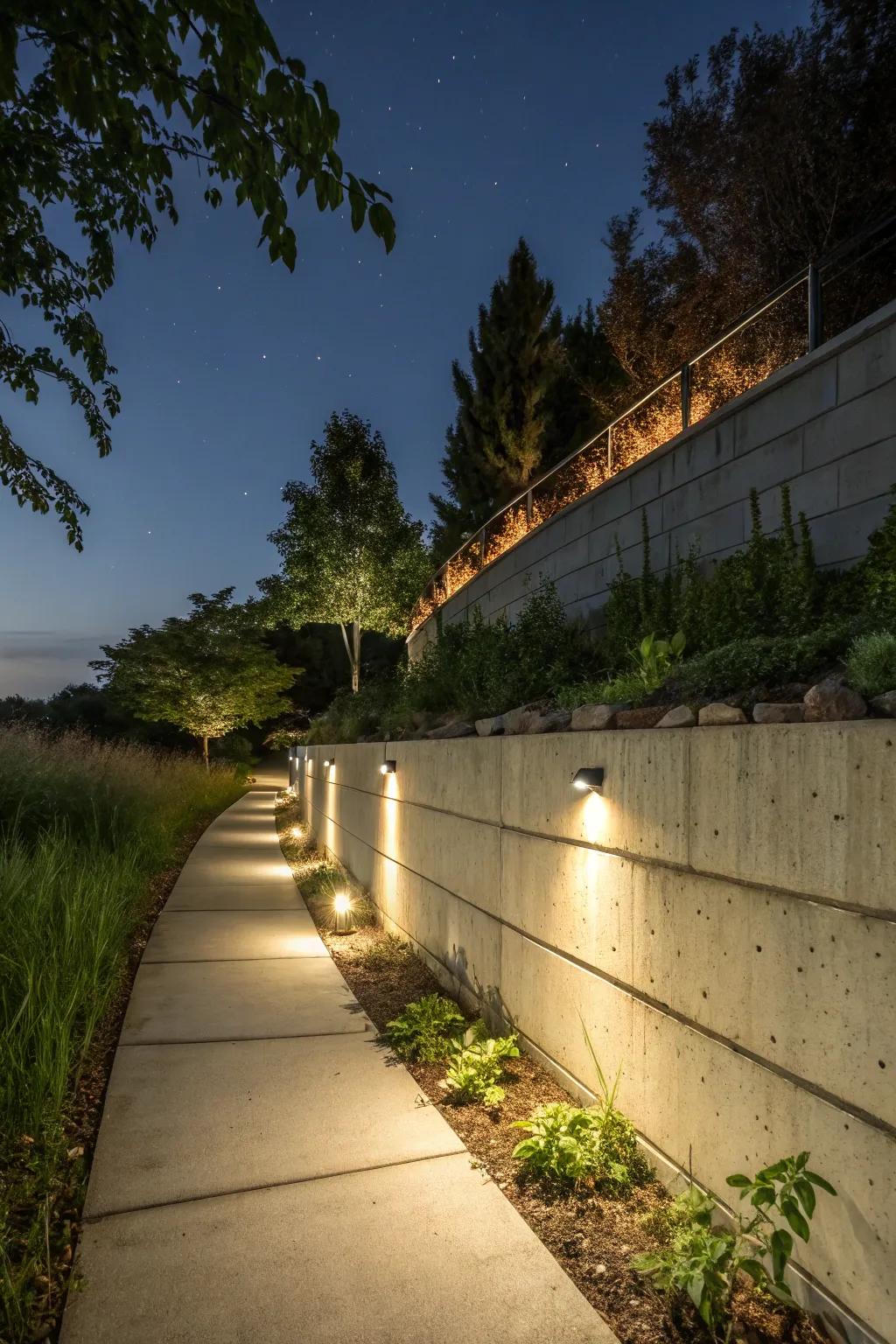 Concrete wall featuring integrated illumination for an enchanting night garden.