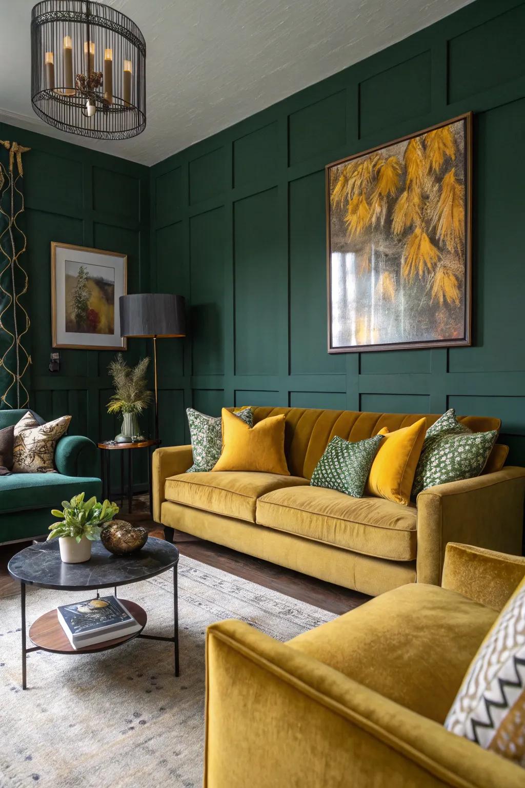 Unexpected bursts of color inject dynamism into a dark green living room design.