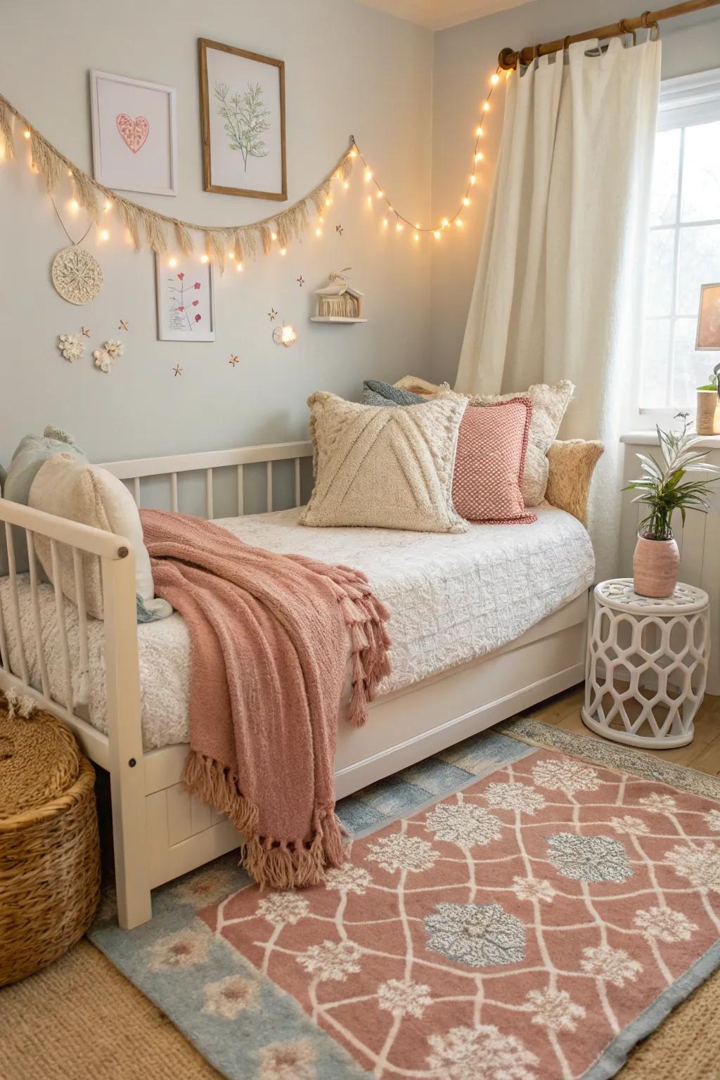 Throws and rugs add warmth and comfort to a daybed setup.