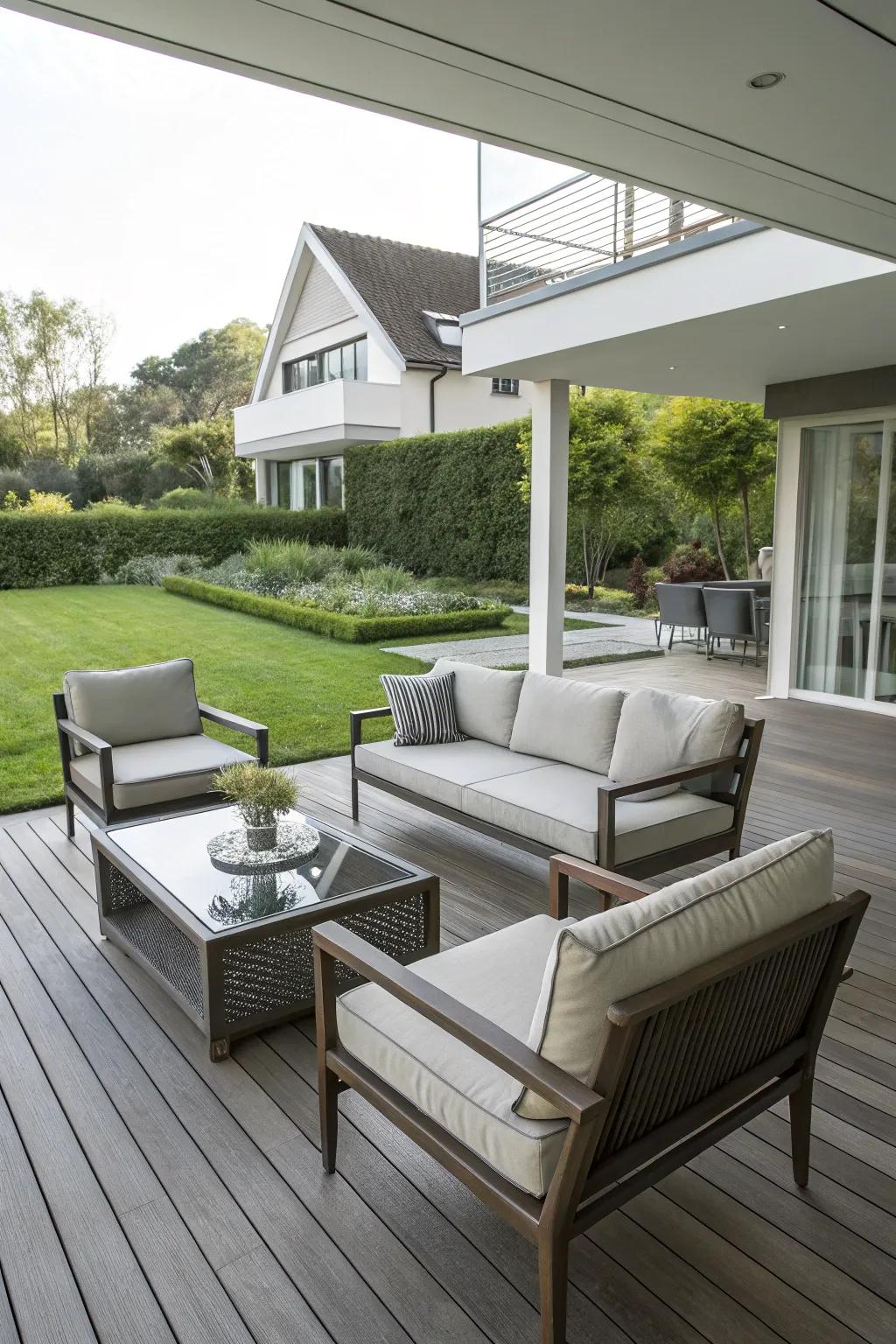 A deck set up with modern furniture to offer a chic look.