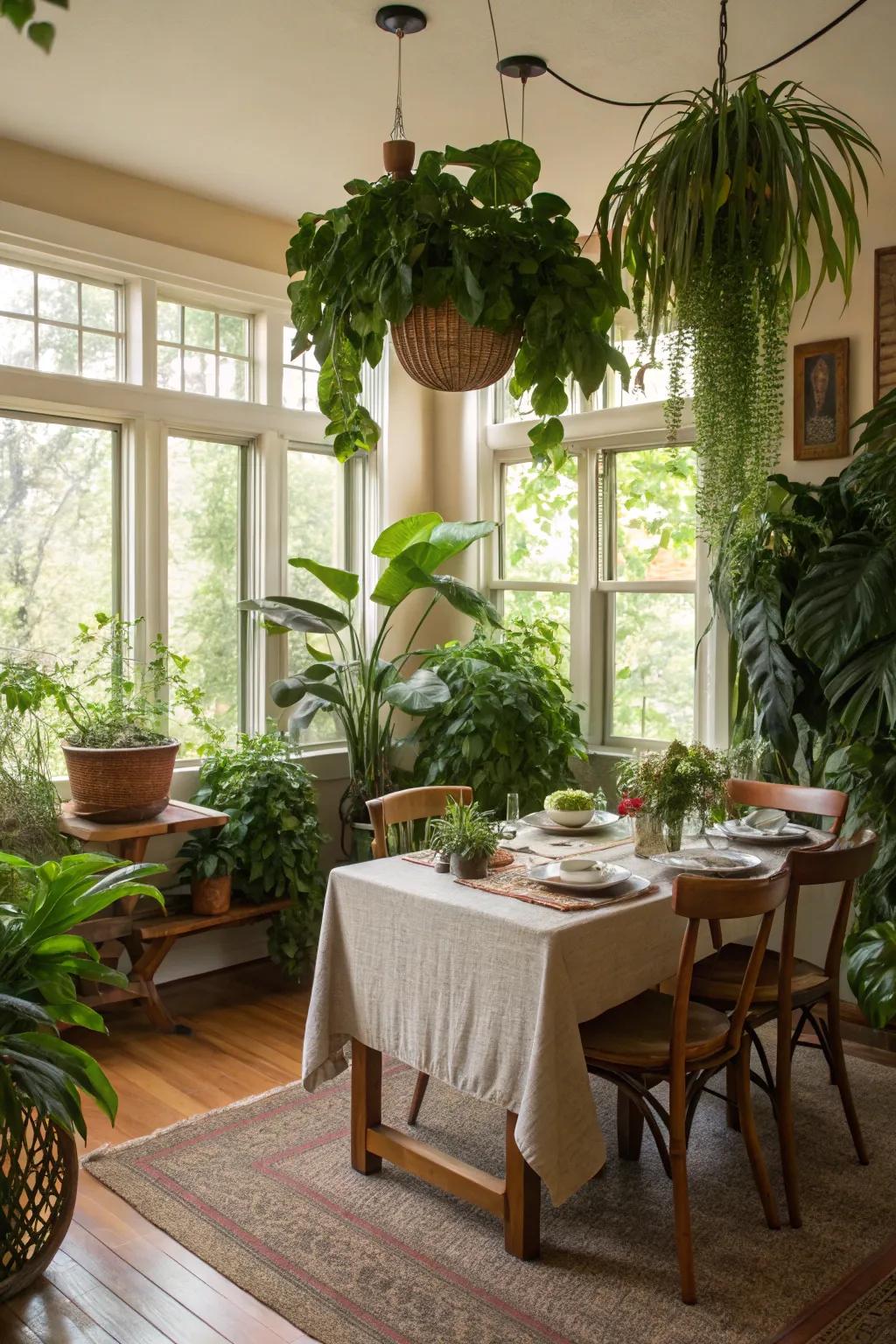 Indoor plants contribute a refreshing and natural dimension to the dining room.