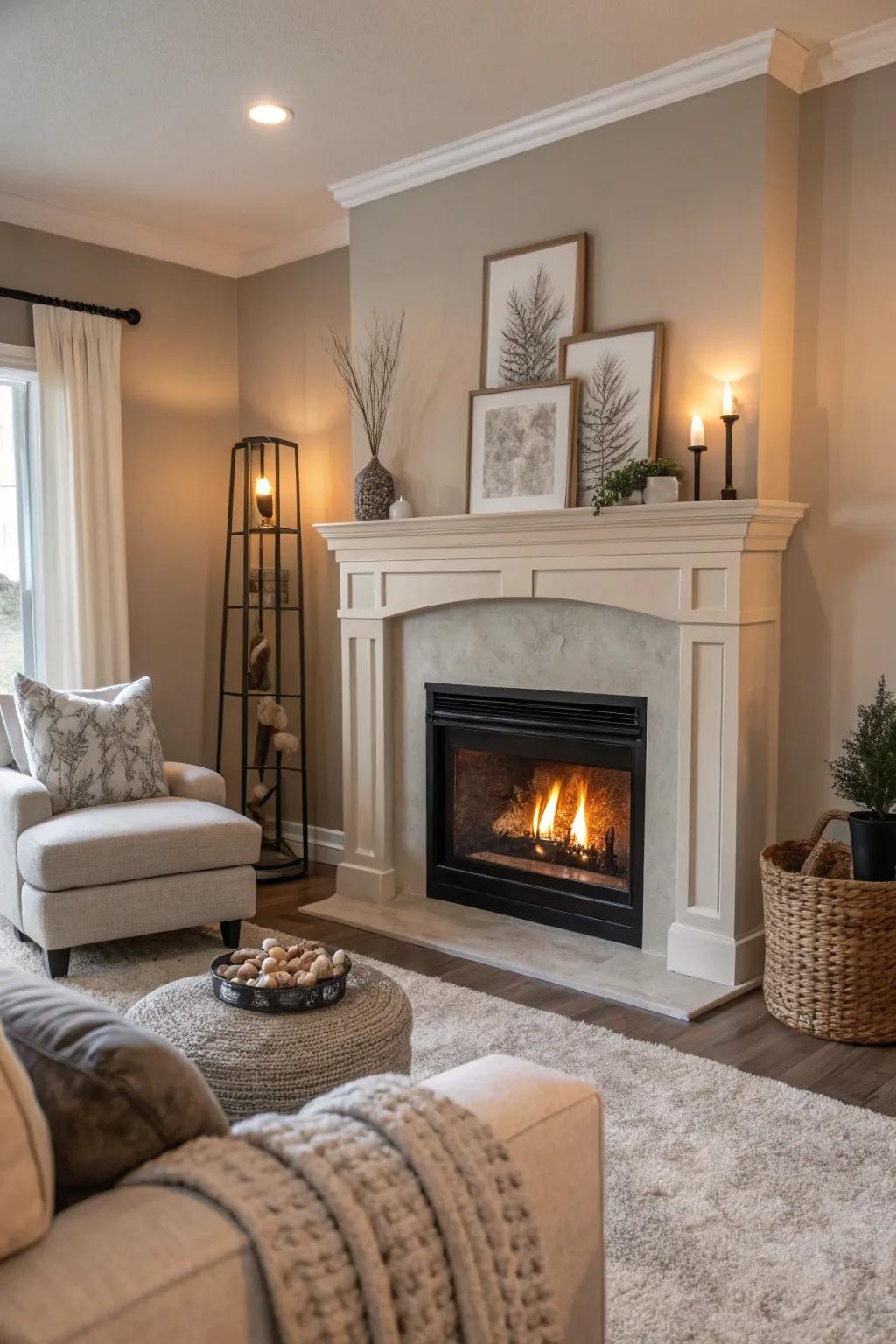 An electric fireplace beautifully set within a living room featuring a harmonious neutral palette.