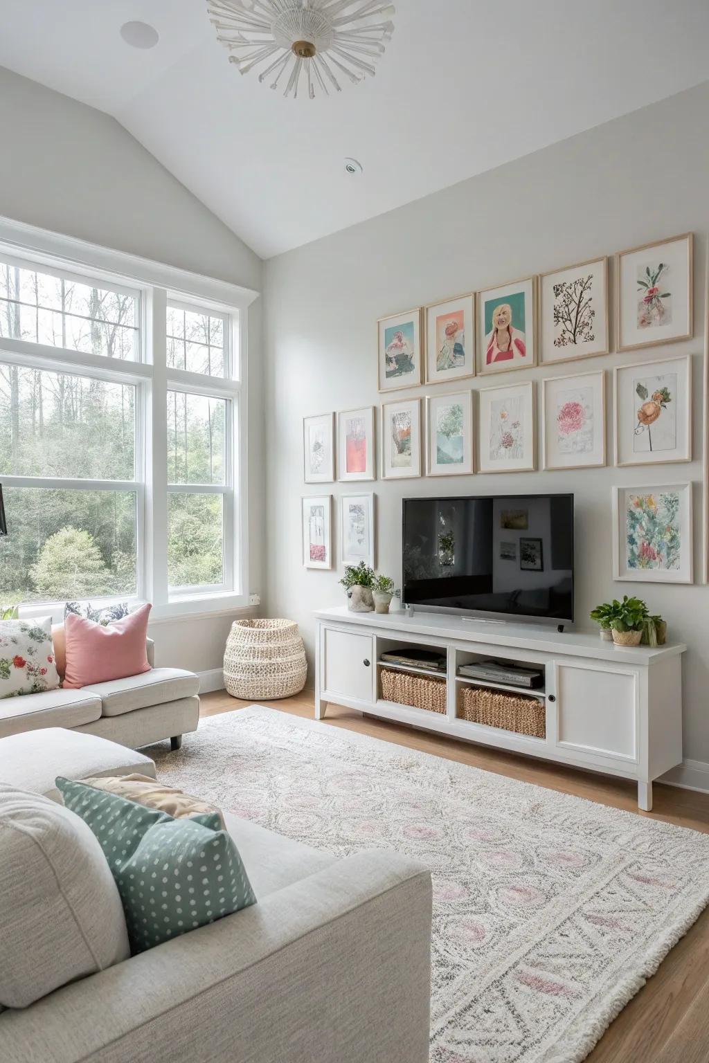 Tasteful artwork that incorporates a personalized touch to a contemporary family room.
