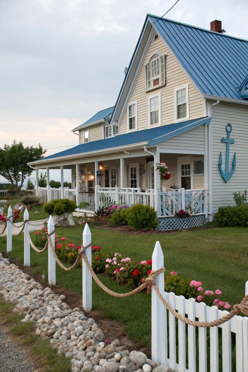 Coastal charm: A farmhouse displaying a serene azure metal top.