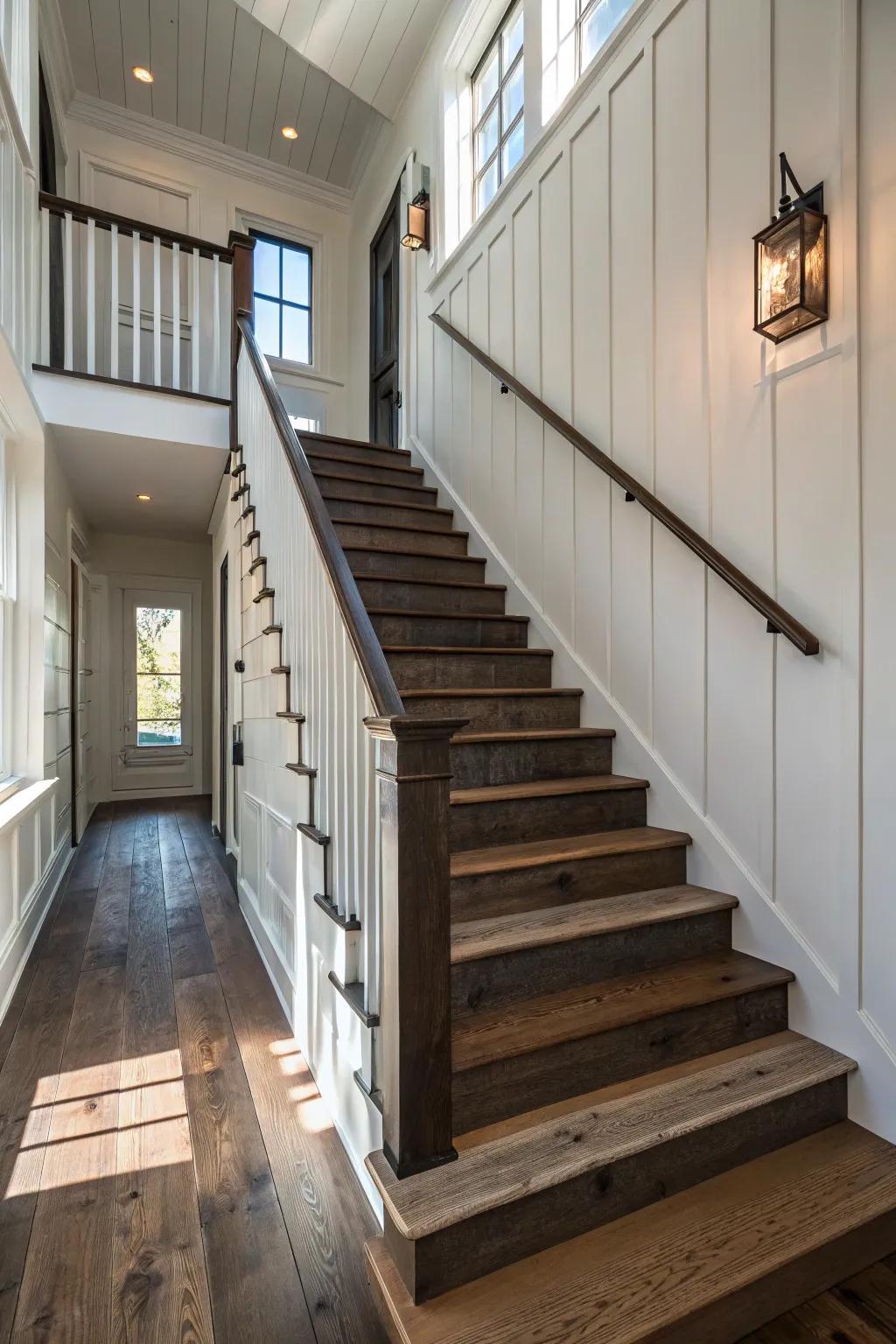 A staircase with dark wooden treads contrasting against light walls, adding elegance.
