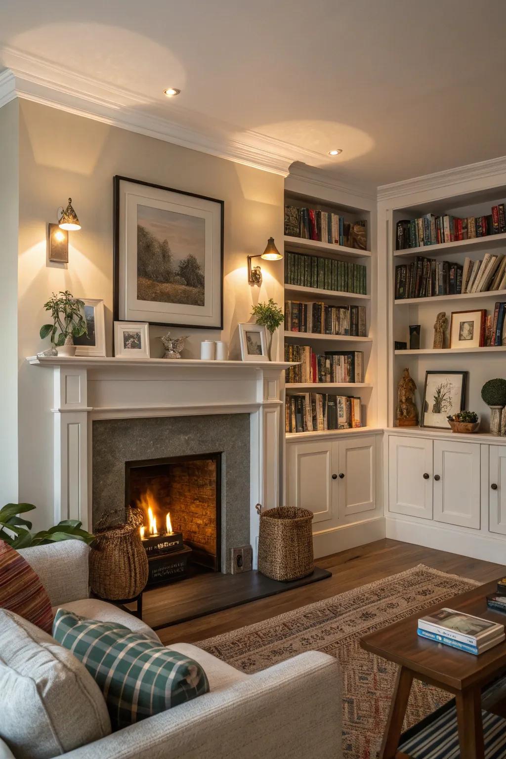 Integrated shelving offers style and functional storage solutions.