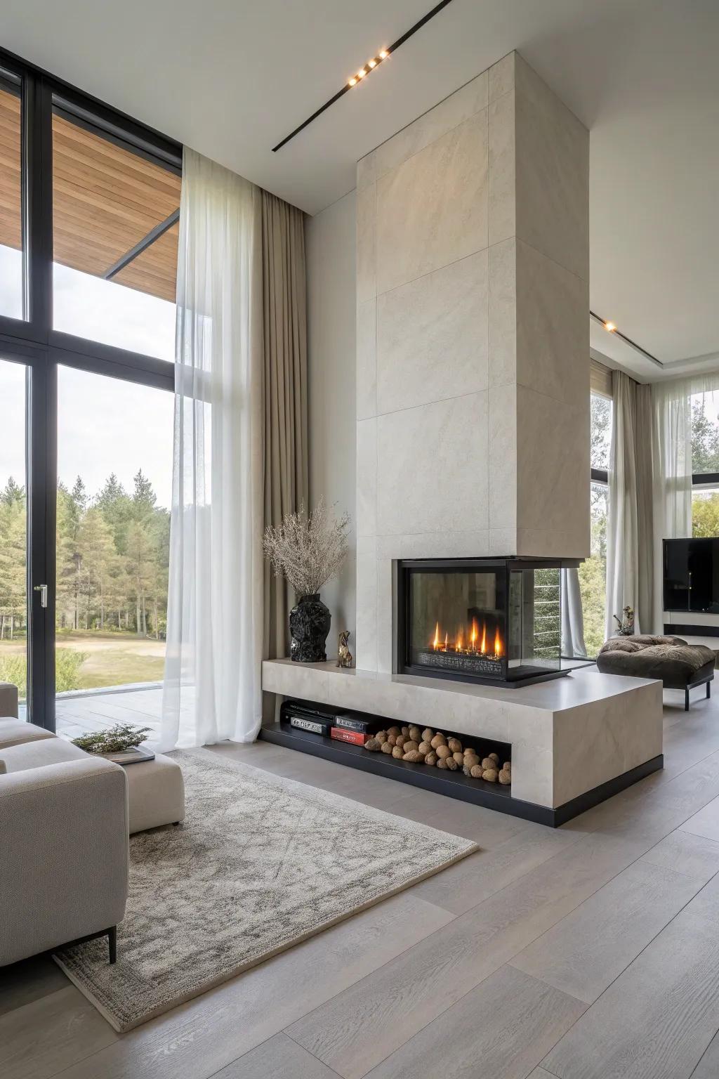 A floating hearth gas fireplace presents a modern flair to the room.