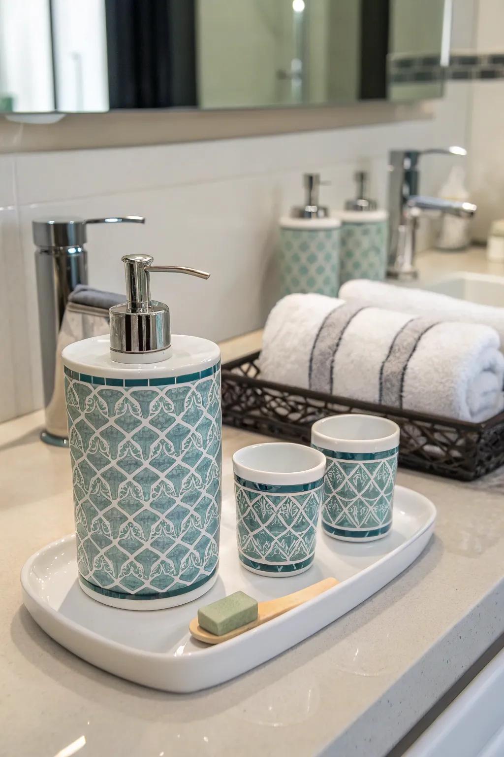 A bathroom exhibiting a fashionable and coordinated bath accessory set.