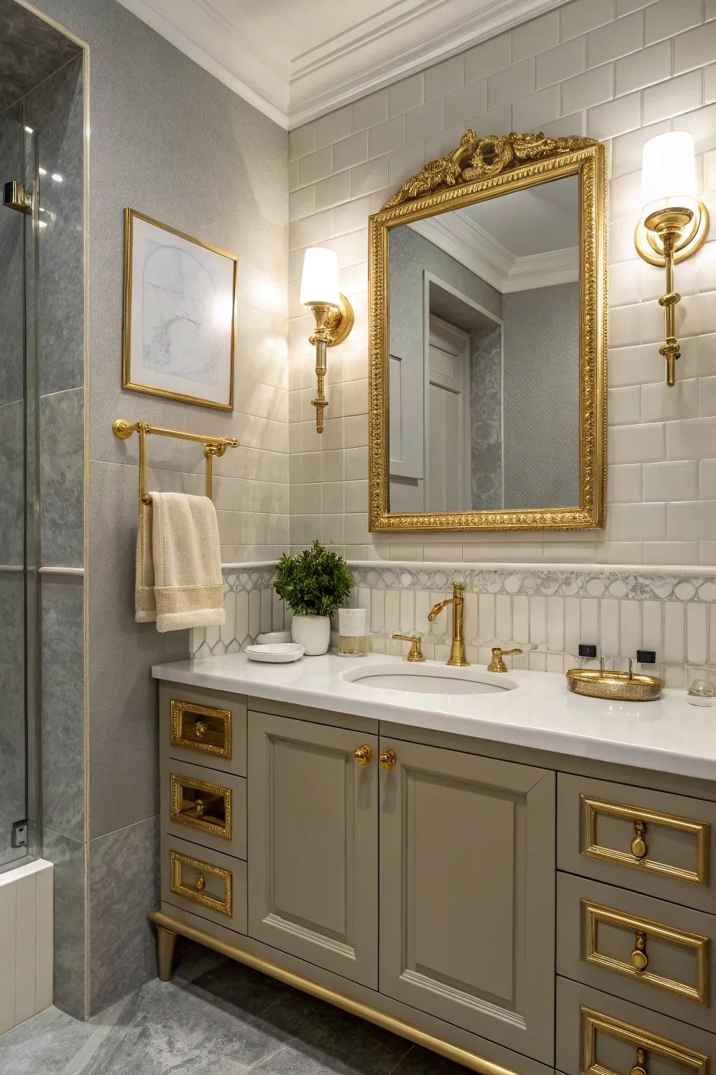 Metallic accents deliver a rich contrast, elevating the design of the bathroom.
