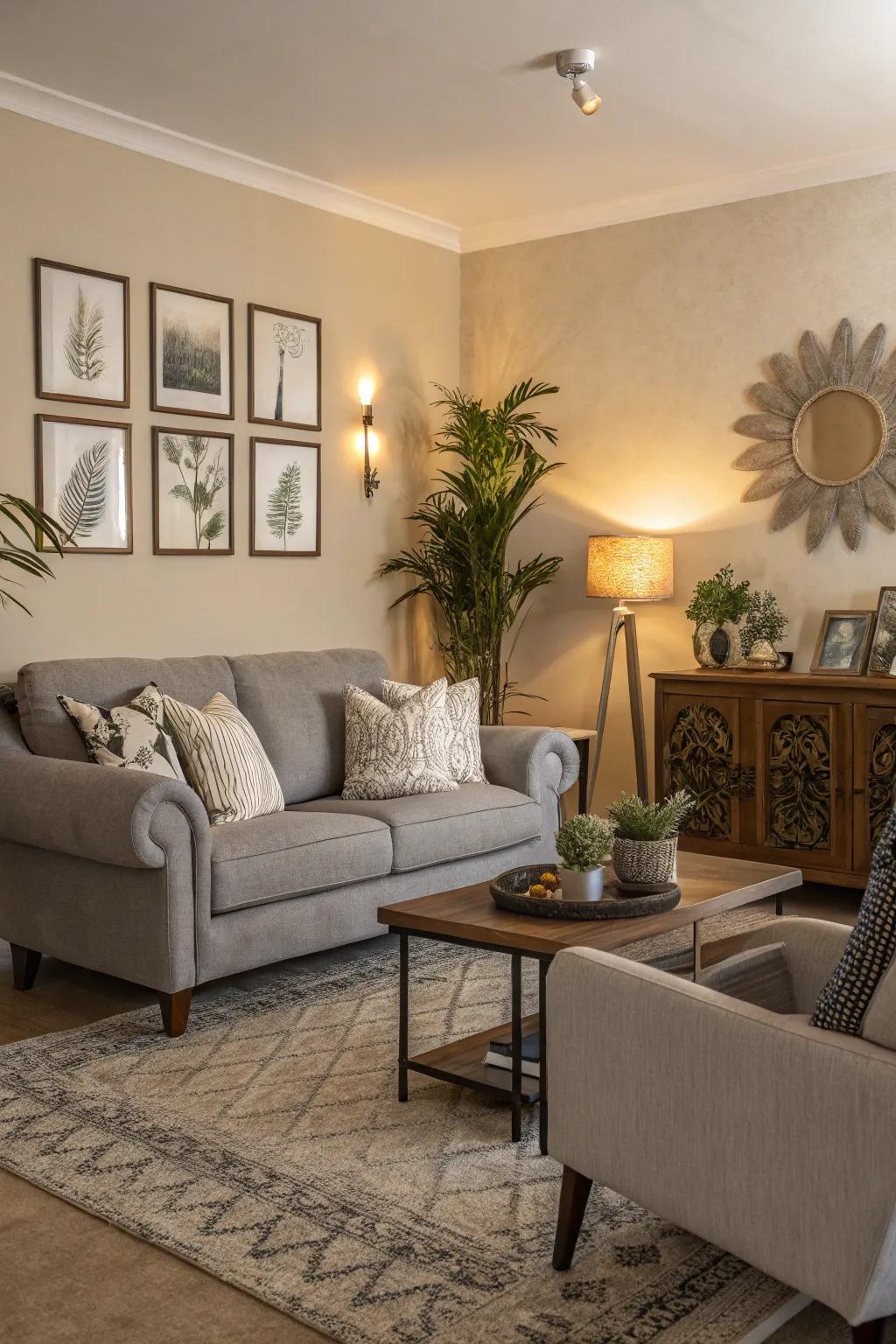 A beige feature wall creates a striking focal point.