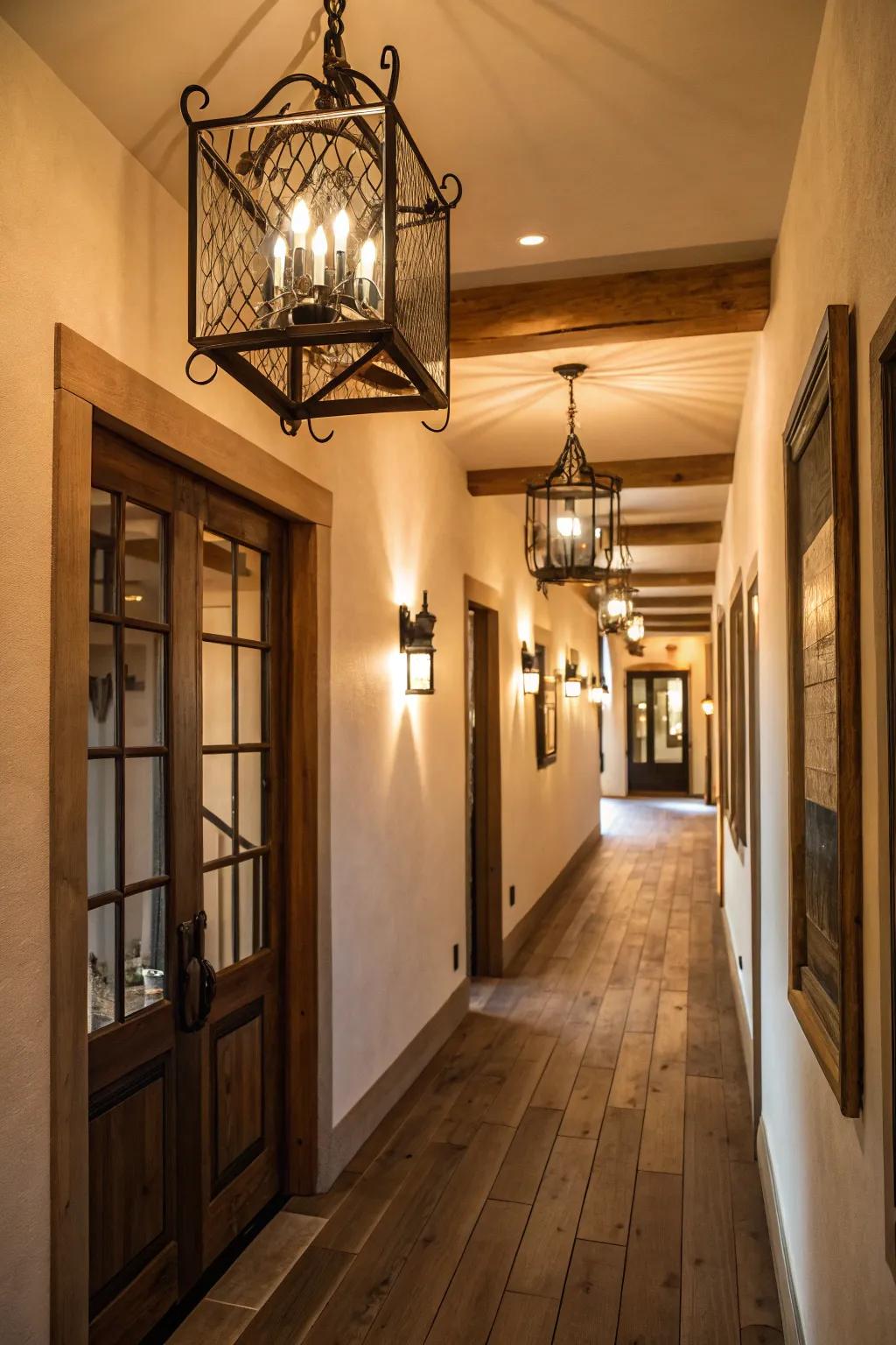 Countryside fixtures add warmth and character to modern hallways.