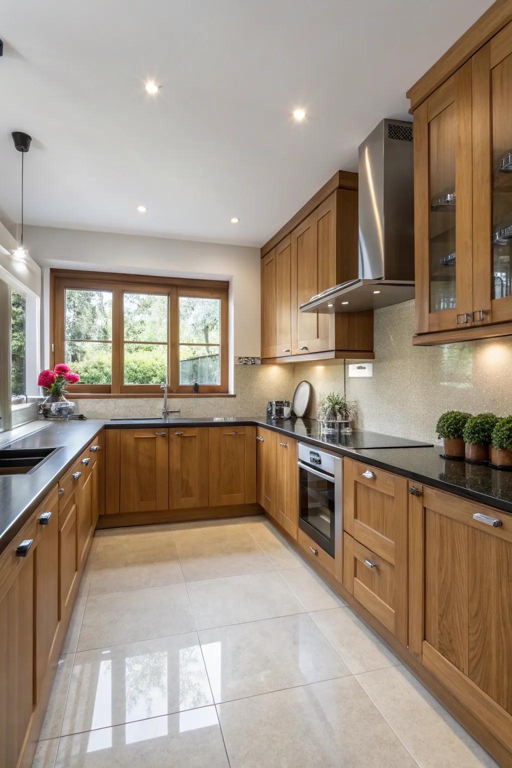A corner-style layout offers efficient use of space in modern cooking spaces with timber vanities.