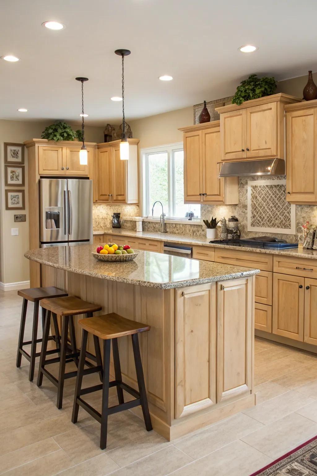 A central island featuring light oak cabinets enhances both functionality and style.