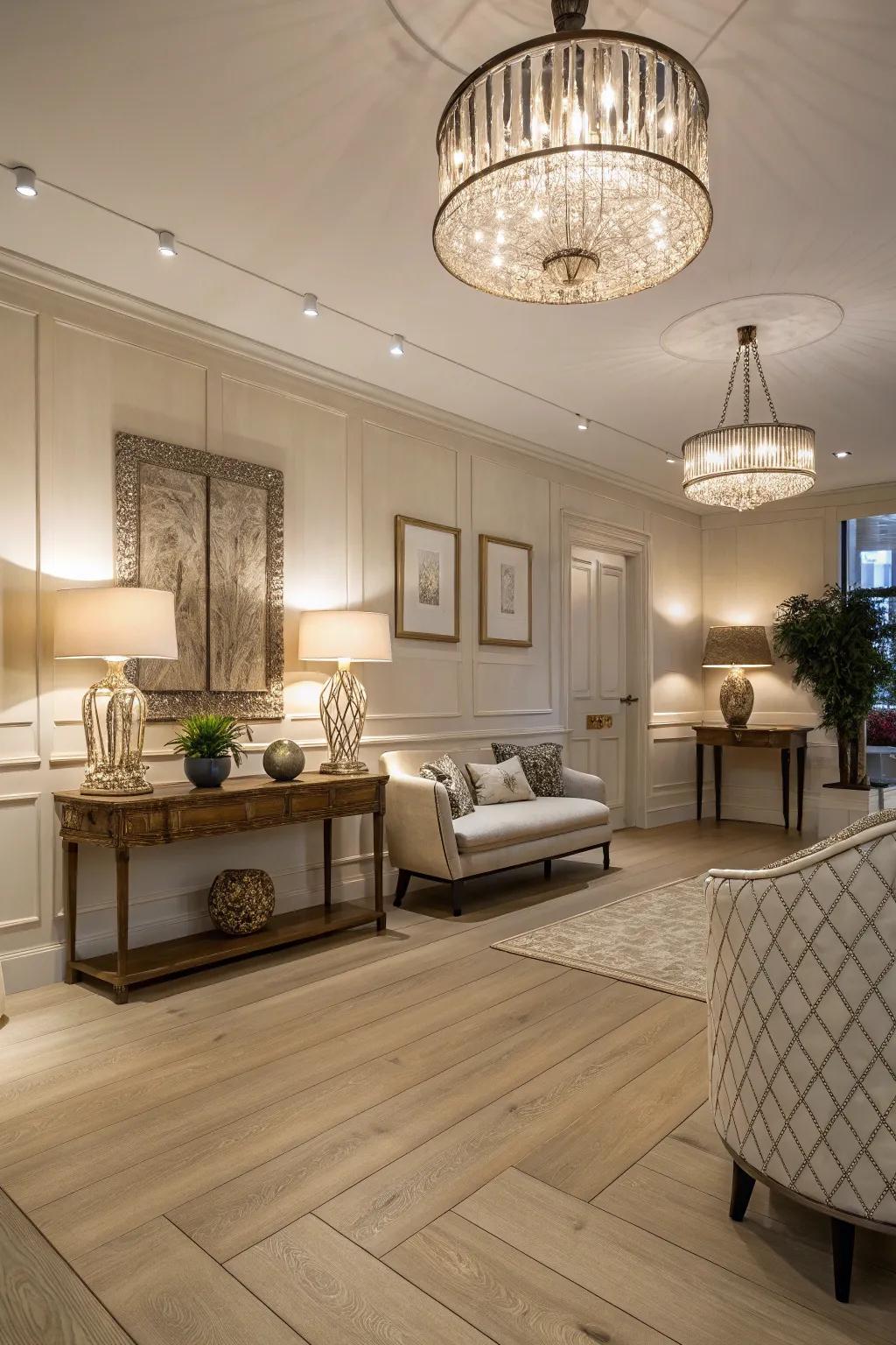 Lighting plays a crucial role in enhancing bright wooden floors.