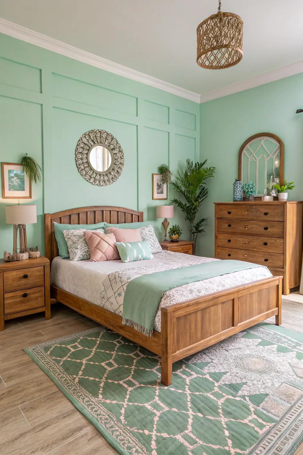 Warm wooden accents in a seafoam serenity bedroom.