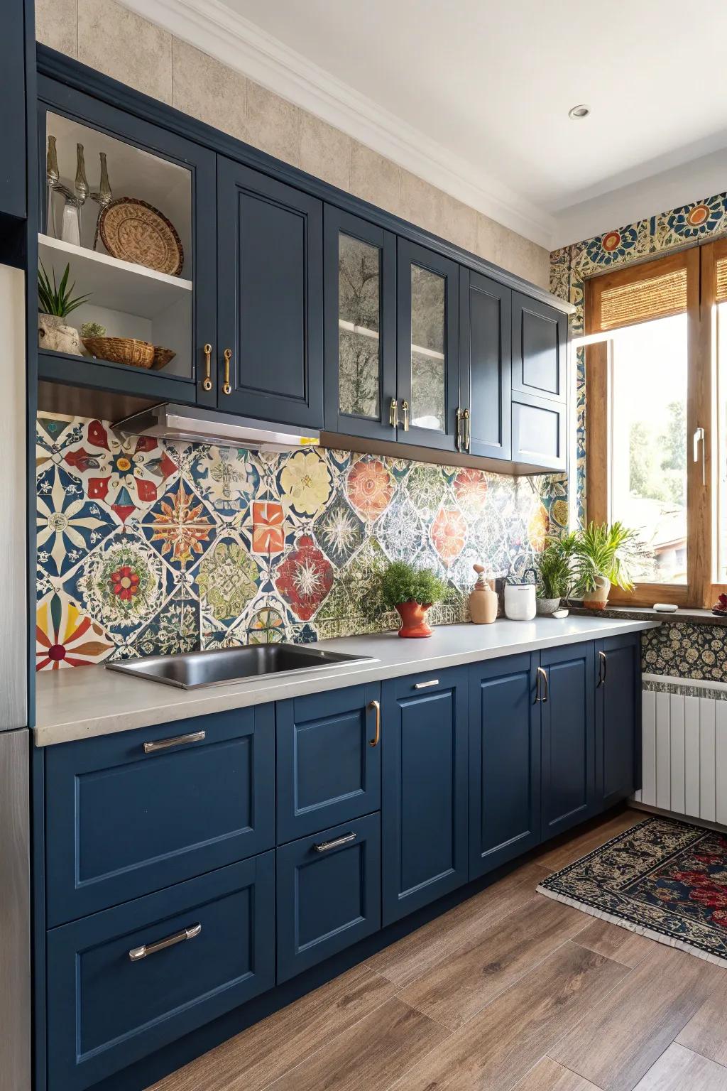 Patterned tiles make dark blue kitchens look lively.