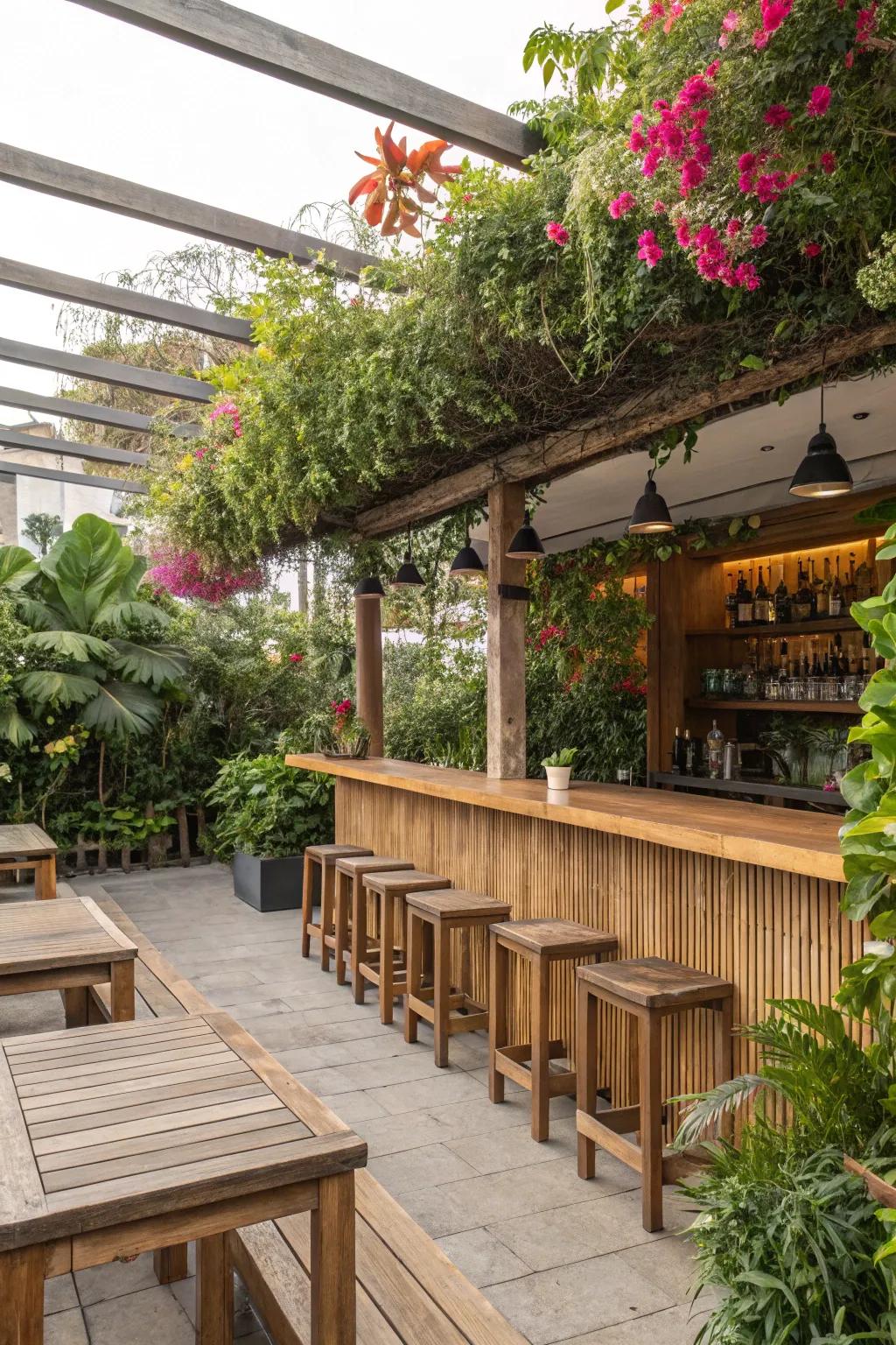 Natural wood infuses warmth and complements the surrounding garden elements beautifully.