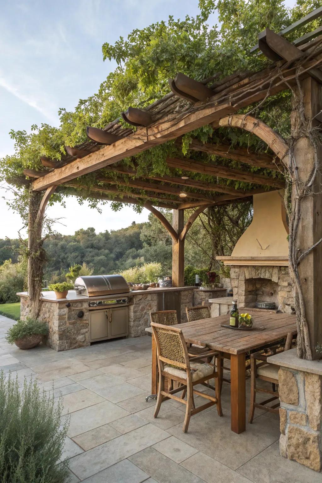 Nature-inspired pergola blending with its surroundings.