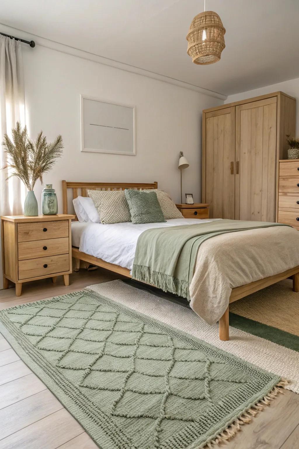 A soft green rug adds warmth and unifies the room.
