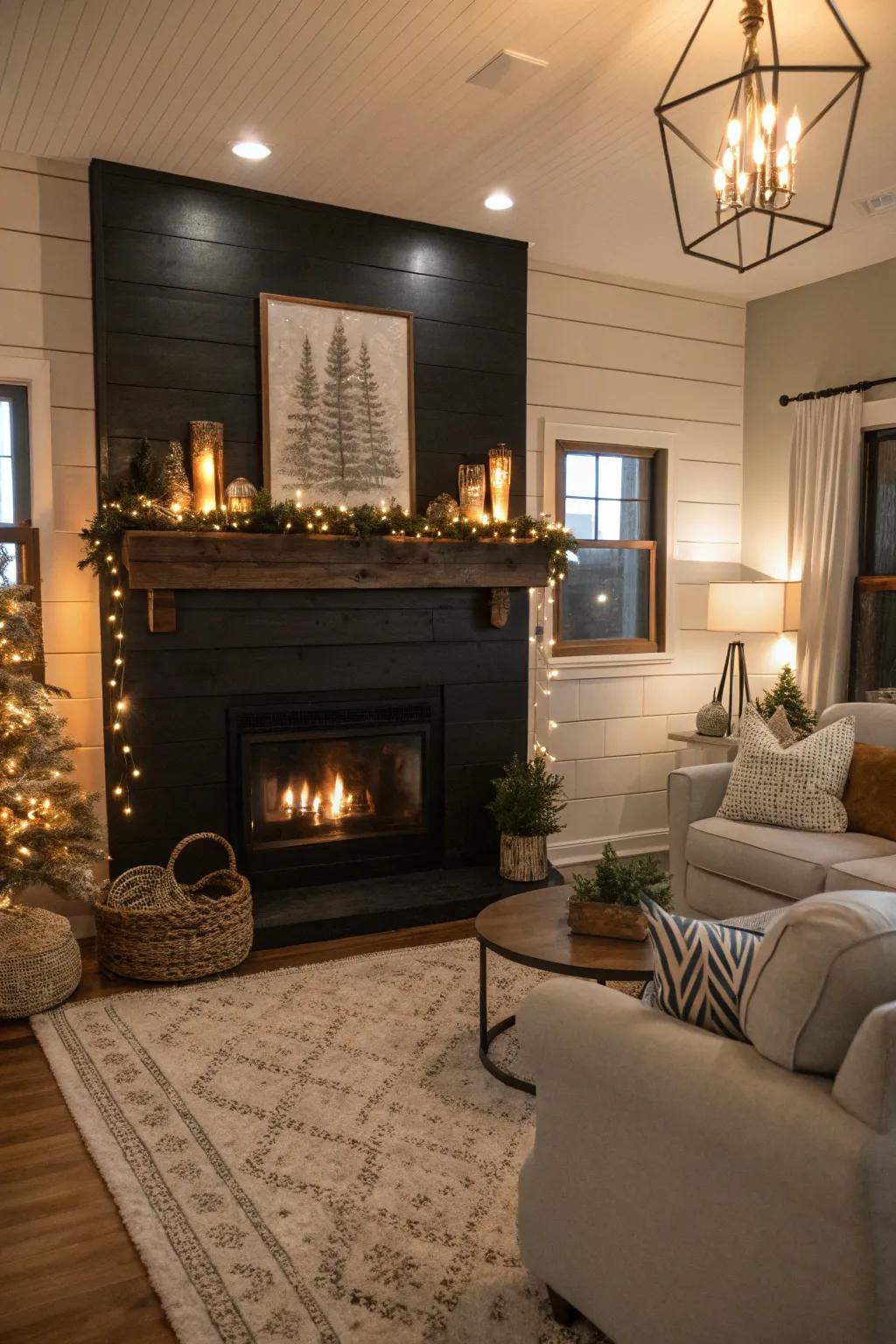 A dark shiplap fireplace paired with light decor for contrast.