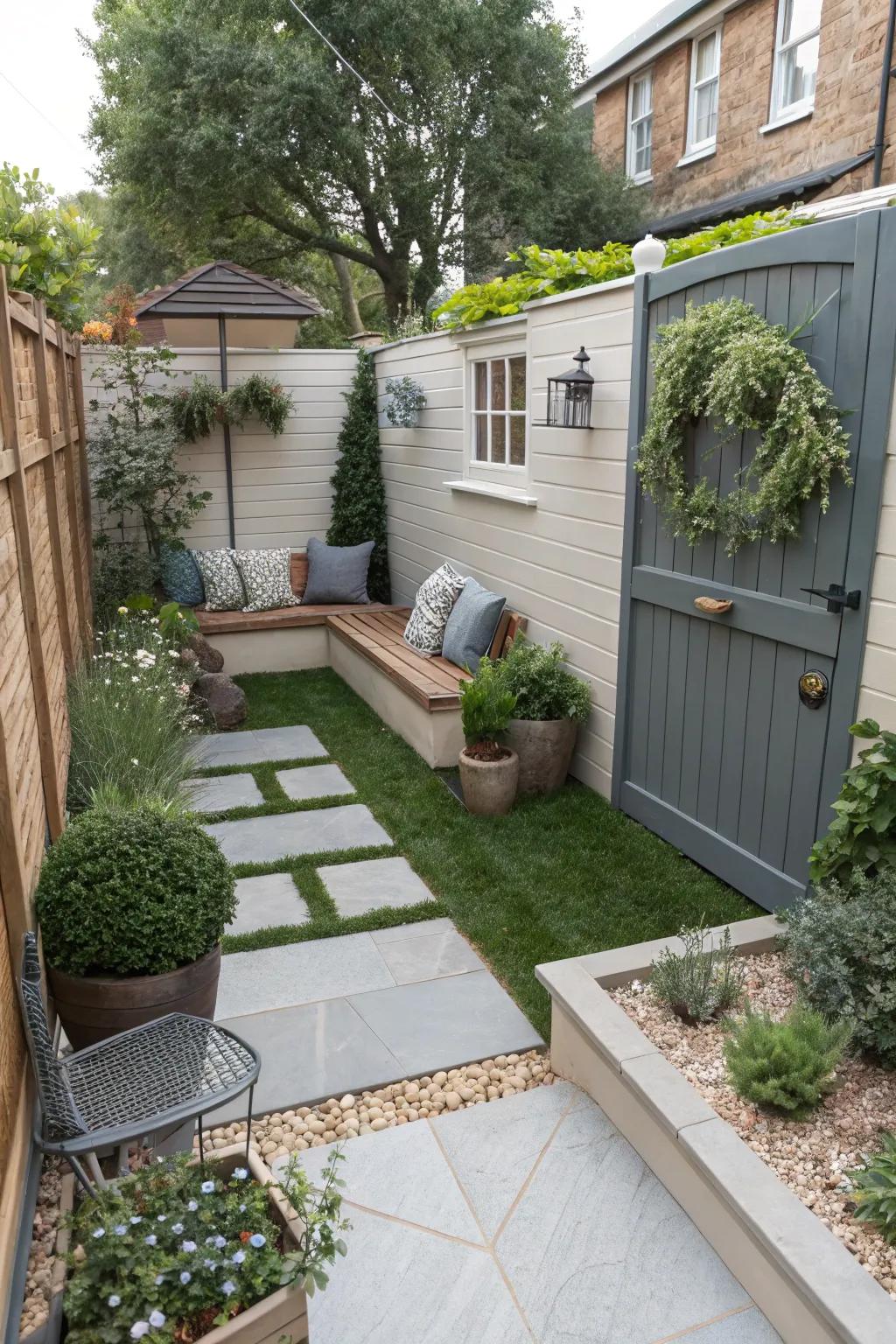 Efficient utilization of space using a compact and functional garden layout.