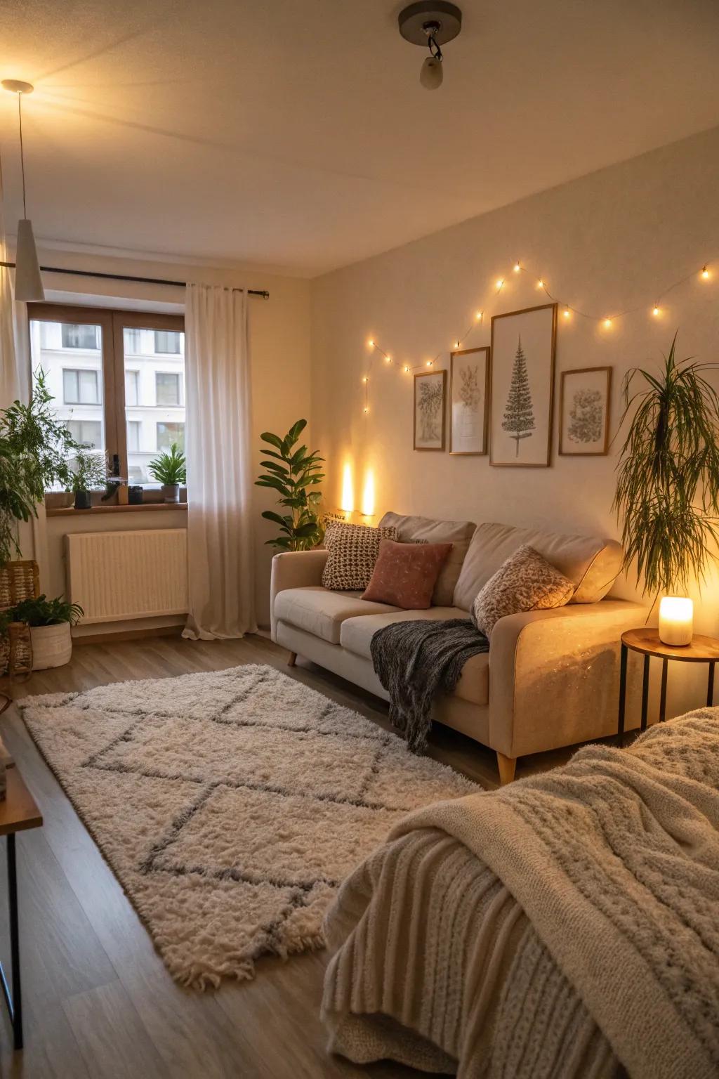 A cozy studio apartment with soft furnishings and warm lighting.