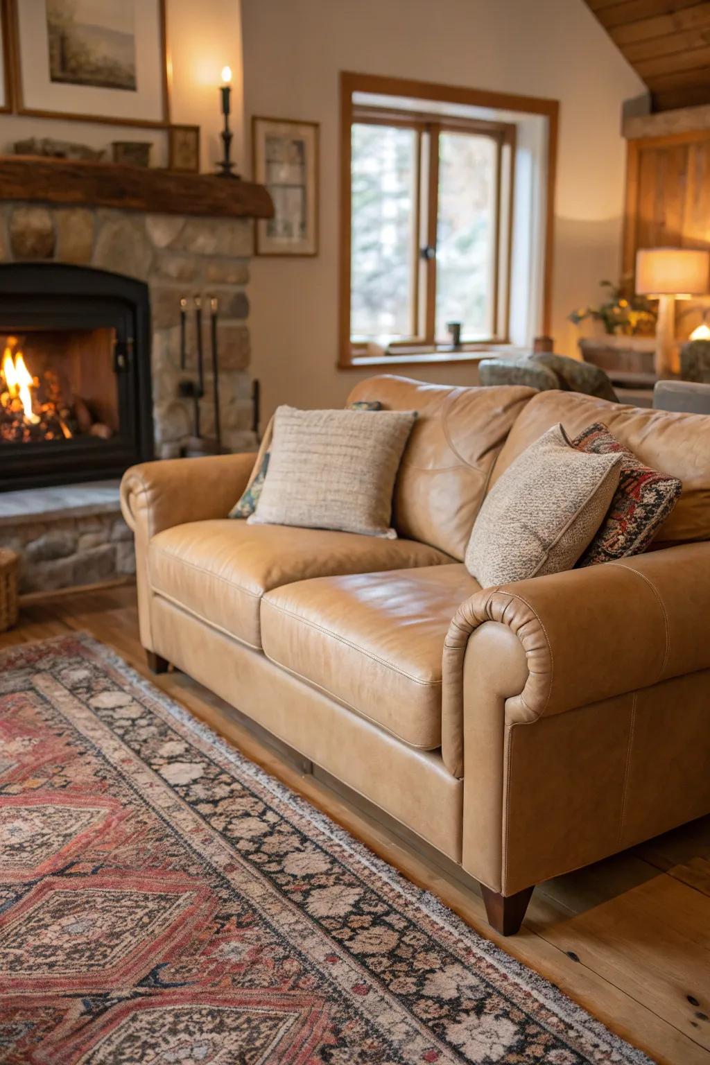 A hearth appends warmth to a sitting room configuration featuring a russet hide settee.