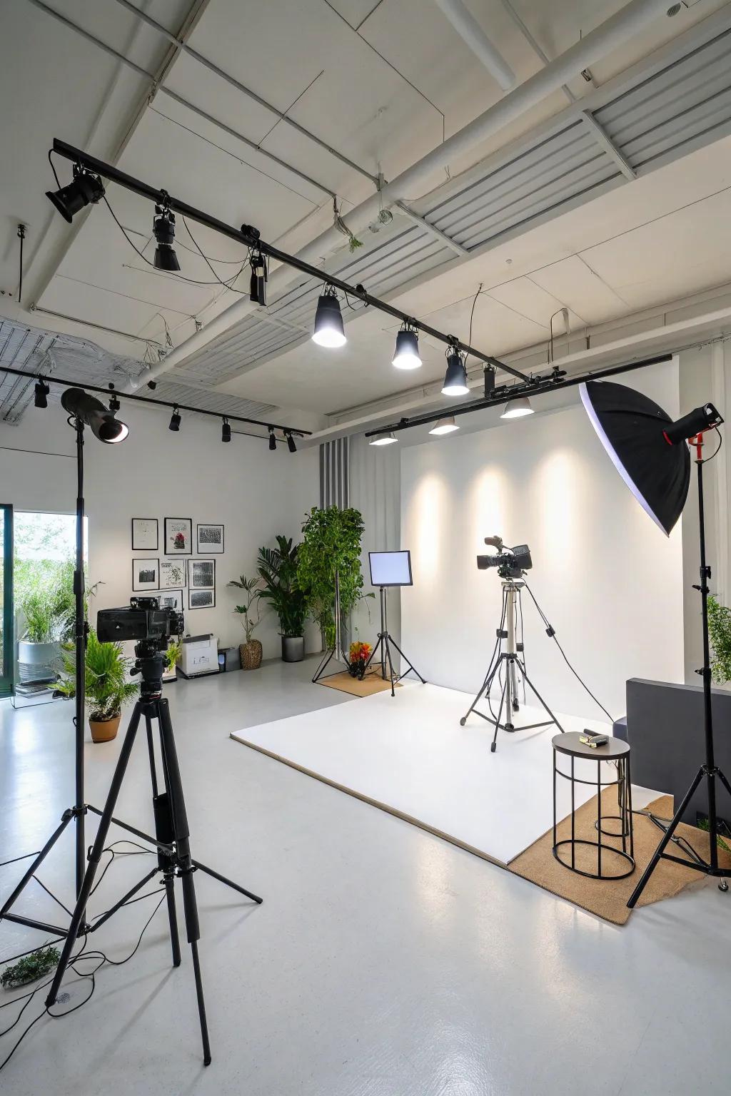 An eco-friendly creative studio is illuminated by LED track lighting.