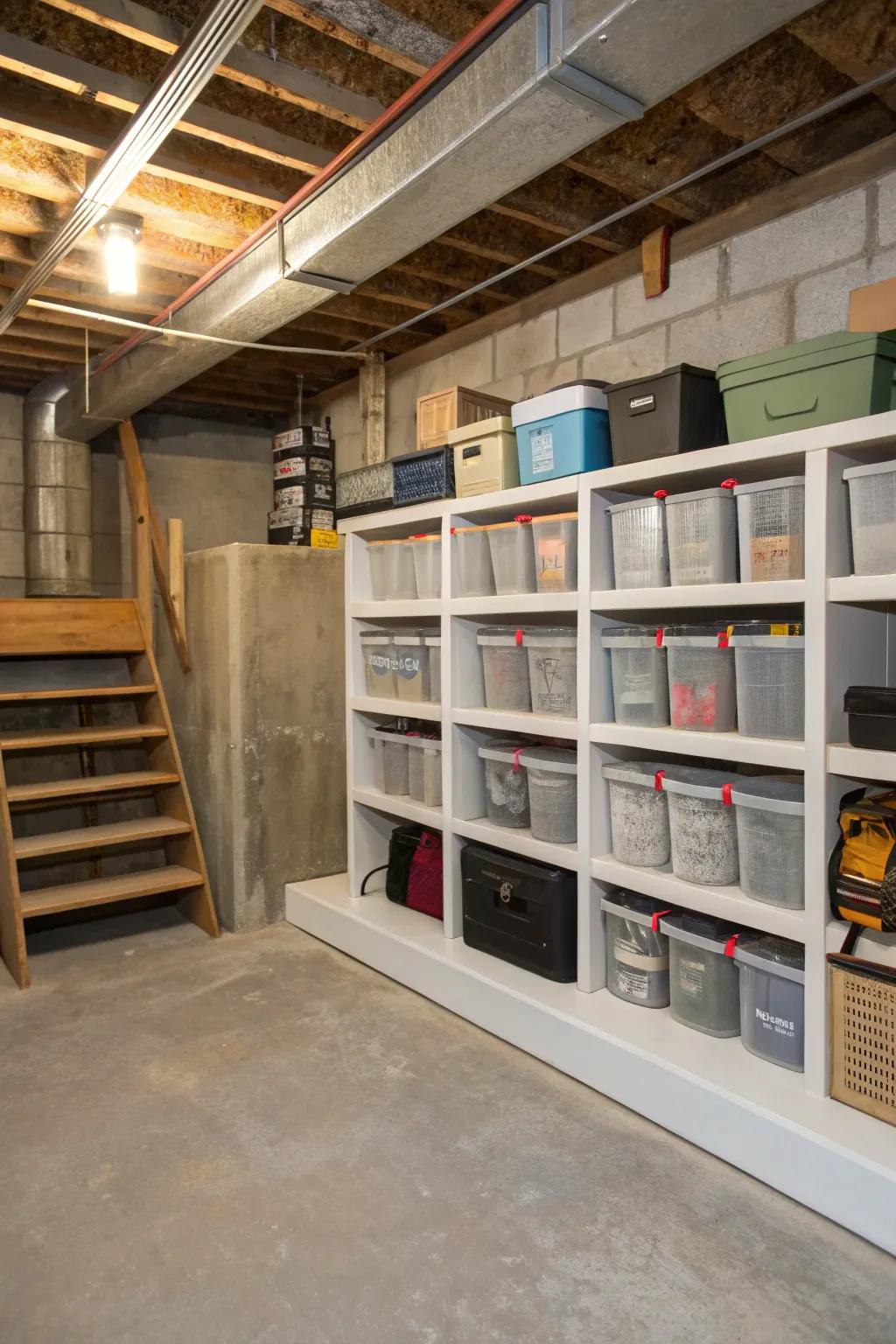Practical storage keeps an unfinished basement organized.