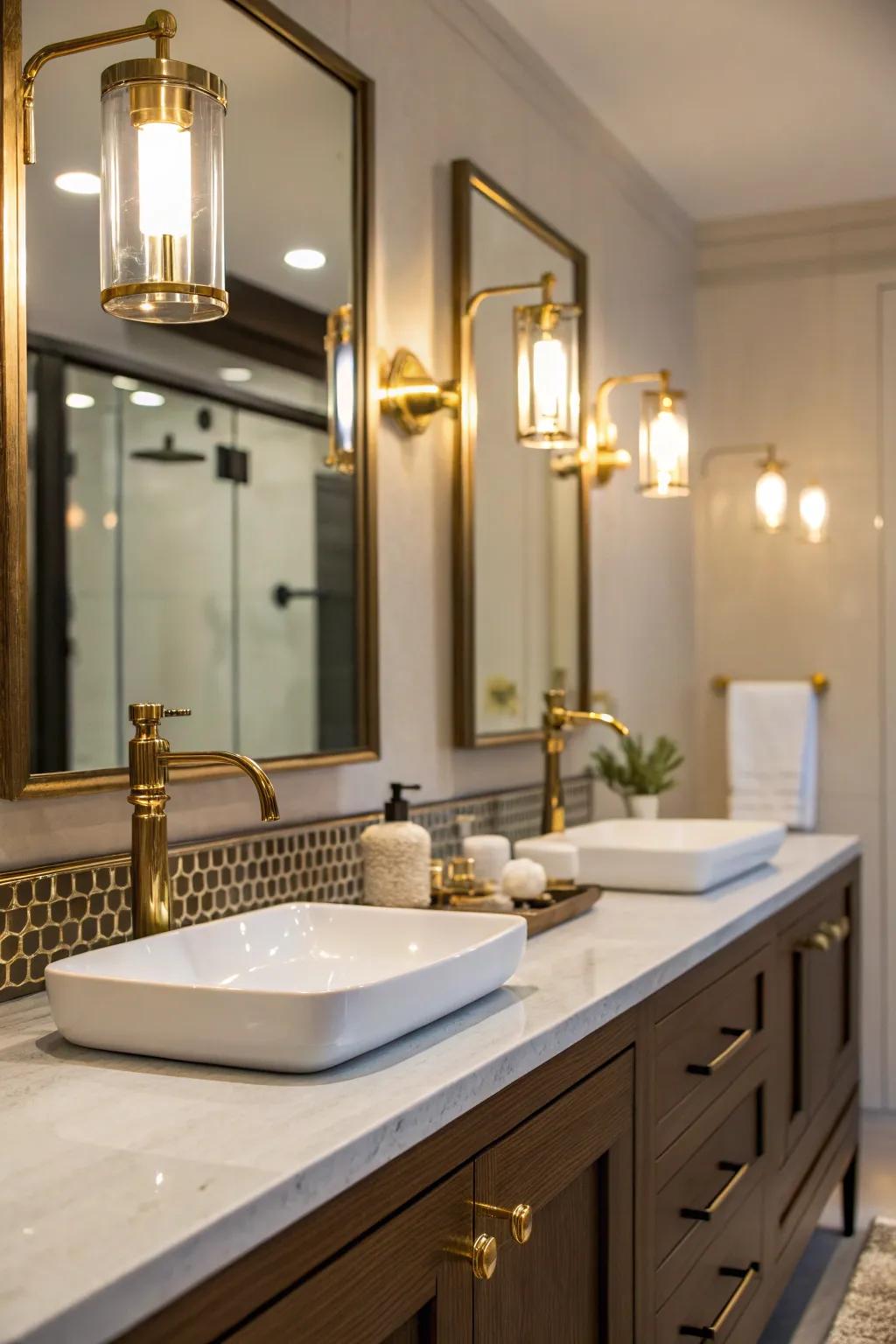 Warm bronze accents enhance bathroom sophistication.