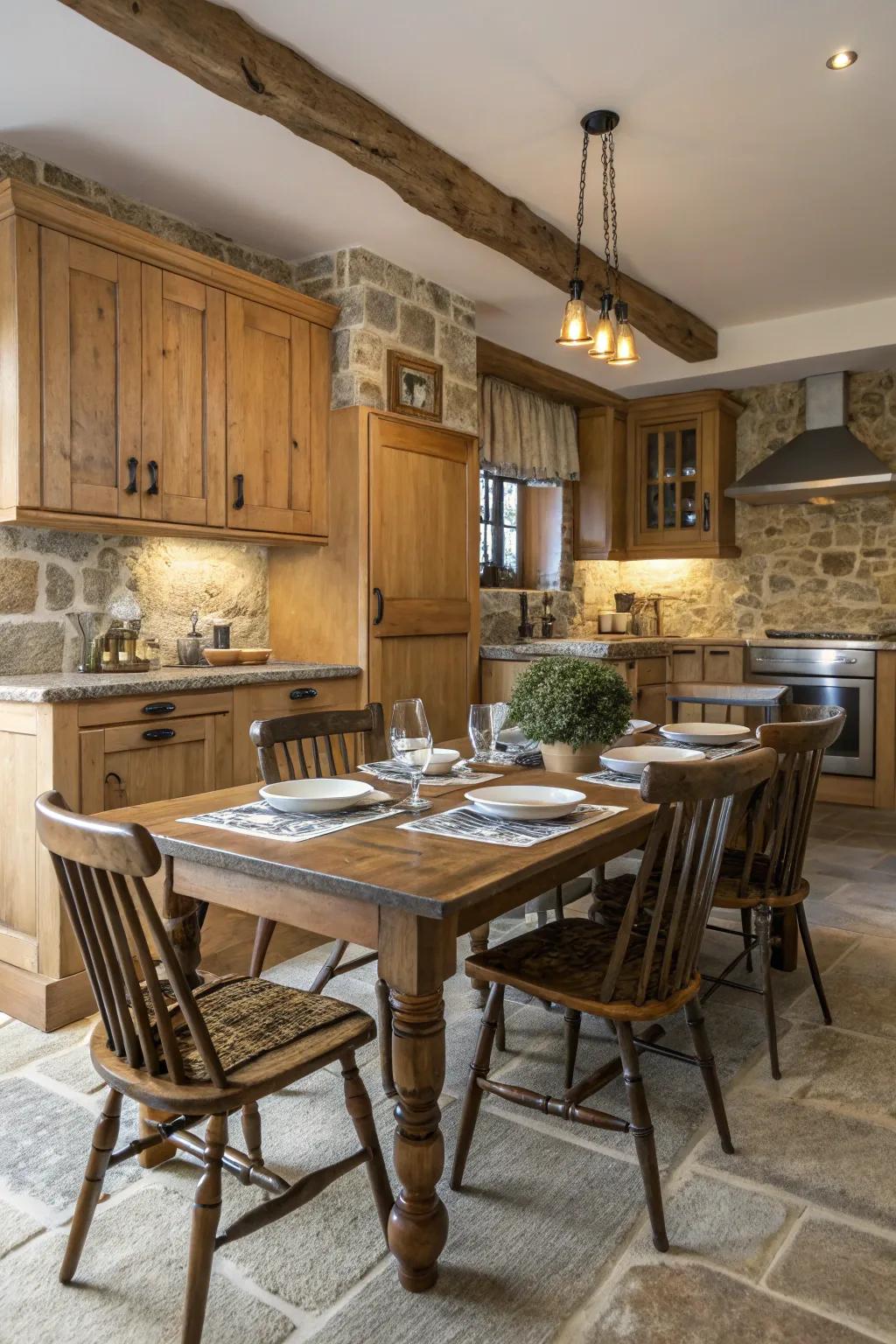 A farmhouse table and antique chairs create a welcoming dining space.