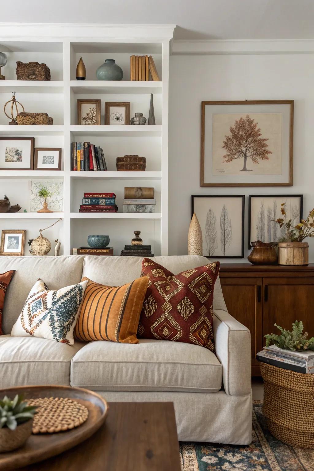 Layered decor creates depth and intrigue.