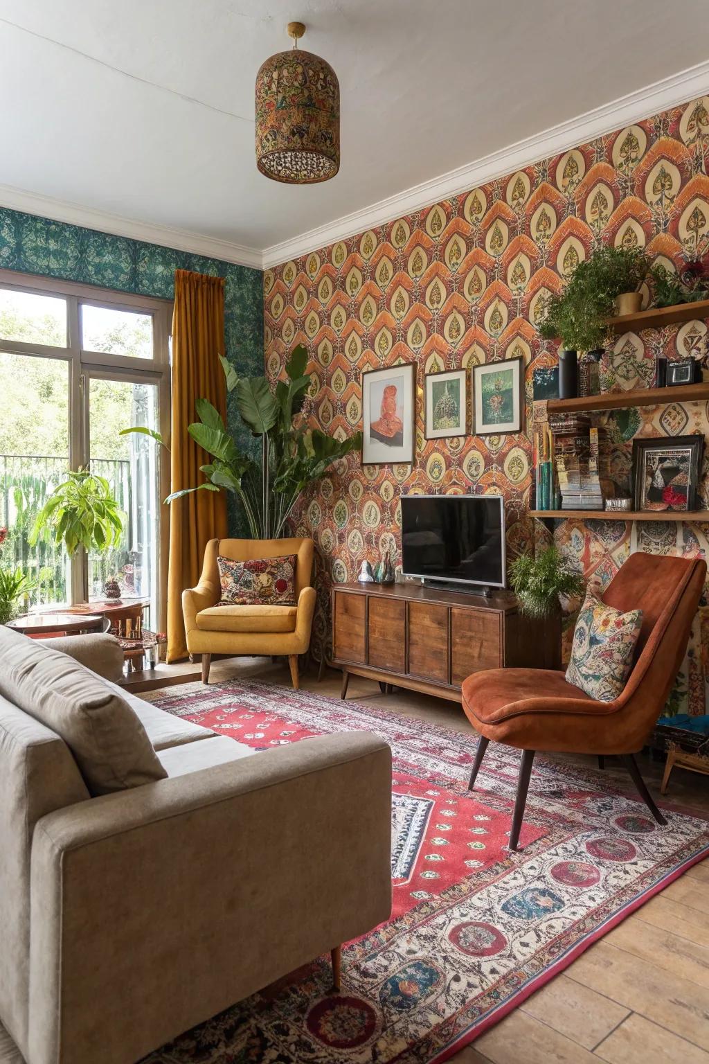 Free-spirited wall decor adds charm to a diverse living space.