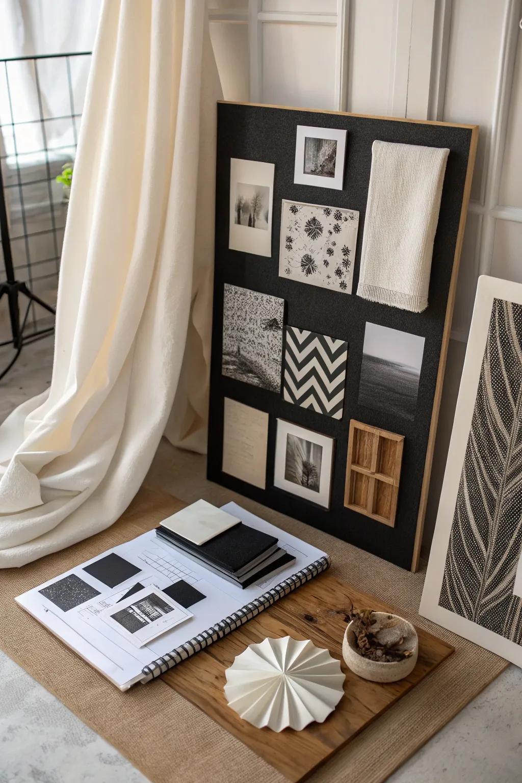 A monochrome-themed mood board exuding timeless elegance.