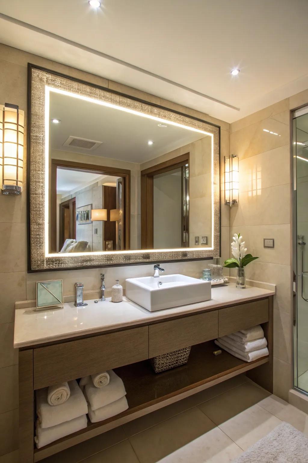 Subdued reflecting glasses amplify light and space in your bathroom.