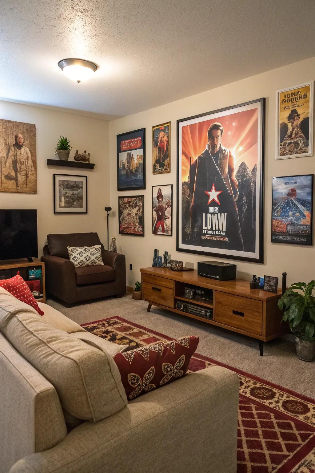A living room showcasing artwork with iconic film references.