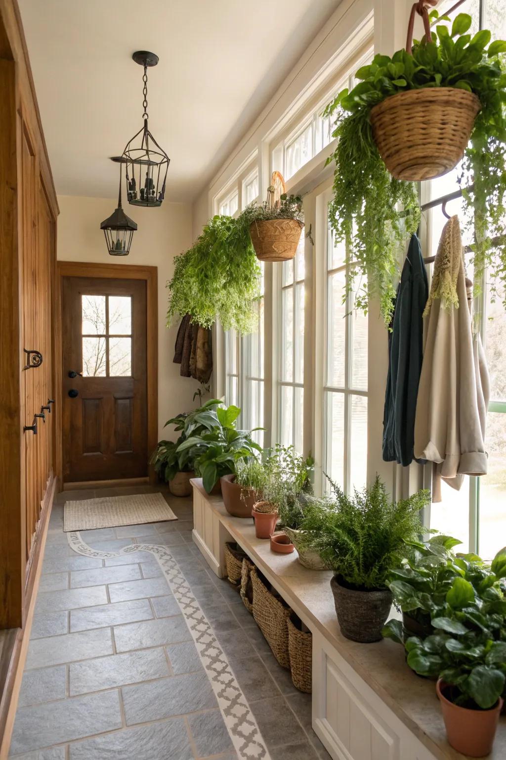 Greenery injects a refreshing element into the mudroom atmosphere.