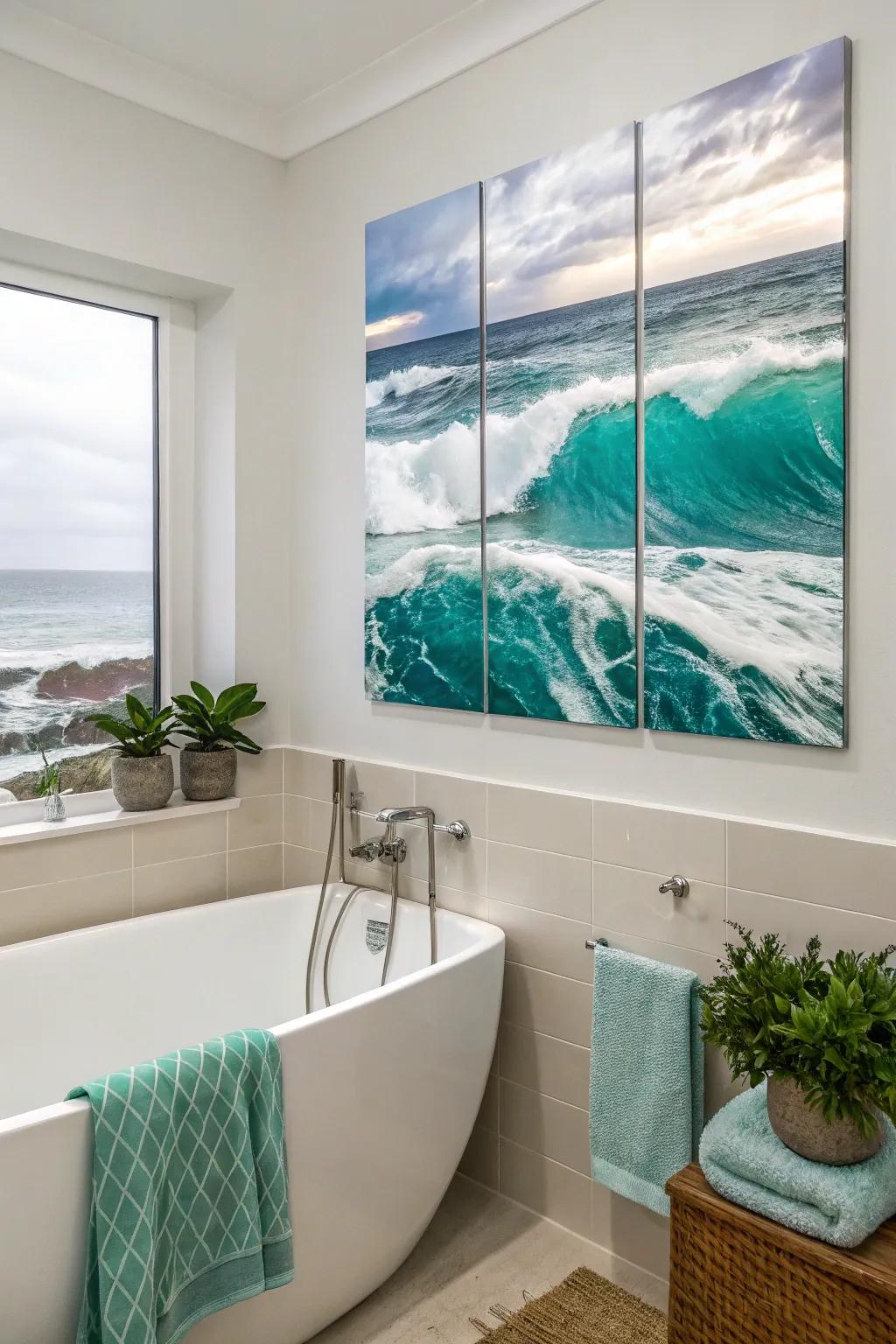 A pacifying ocean swell series across several canvases, offering a tranquil escape within the bathing chamber.