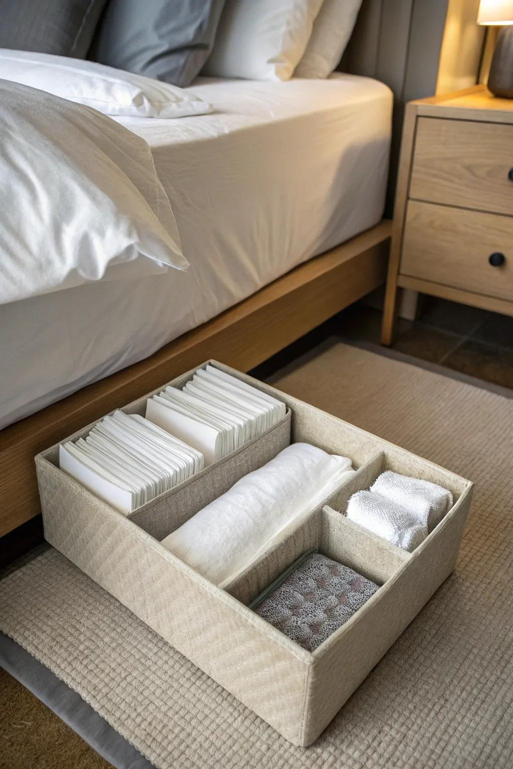 Capitalizing on under-bed space for an organized napkin storage strategy.