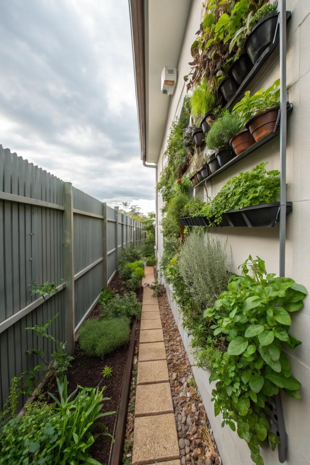 A herb wall is both utilitarian and attractive in a side yard.