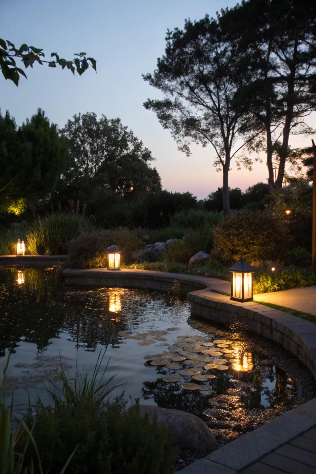 Solar illumination casting a gentle radiance across a serene pond.