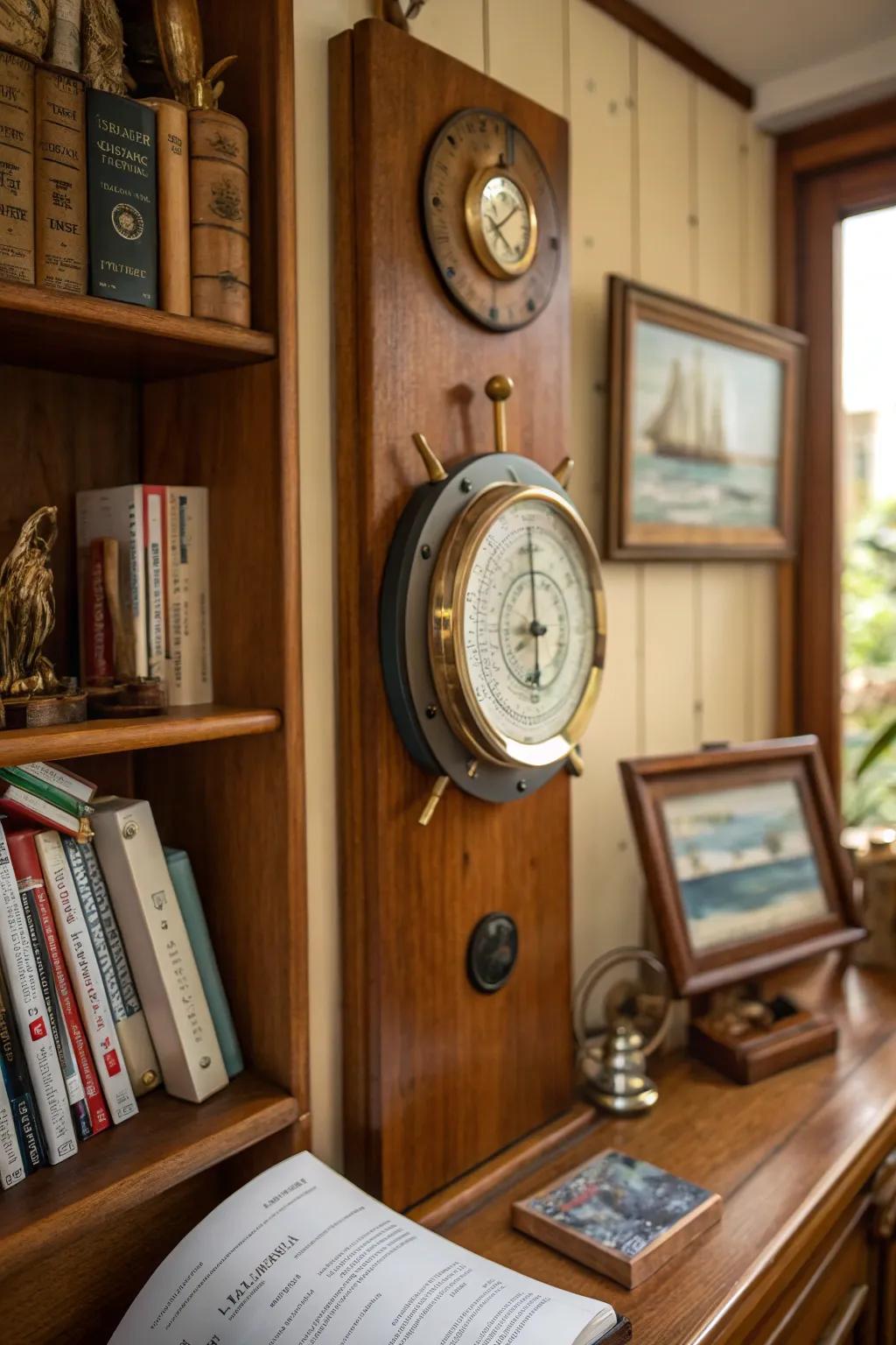 A seafaring weather indicator introduces both style and utility to a space.
